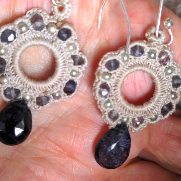 New Hand crocheted Amethyst earrings.  Small gems & silver beads.  Thailand. - Picture 2 of 4